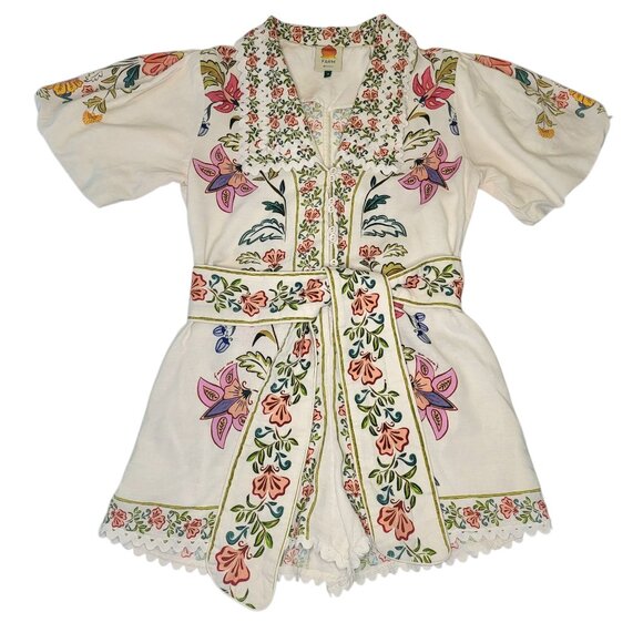 FARM Rio Pants - FARM Rio Floral Embroidered Jumpsuit - White and Pink